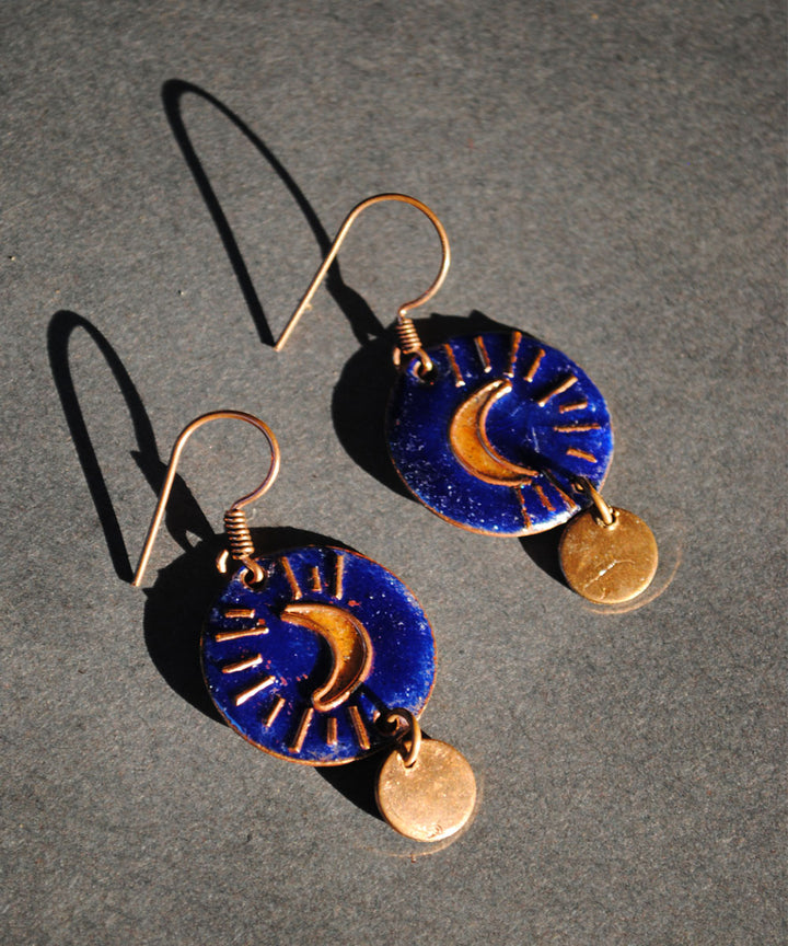 Blue yellow handcrafted moon motif copper enamel earring