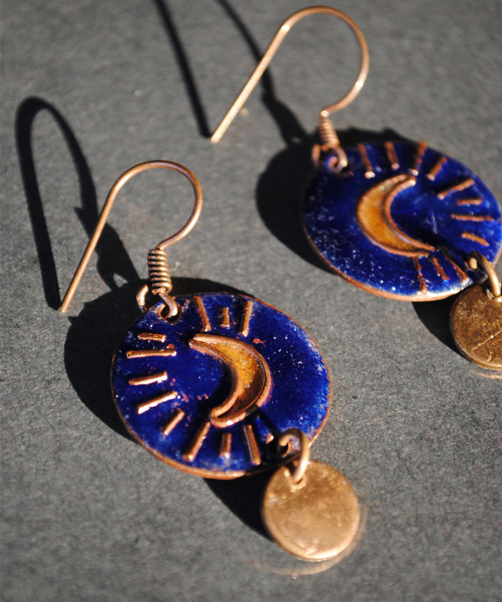 Blue yellow handcrafted moon motif copper enamel earring