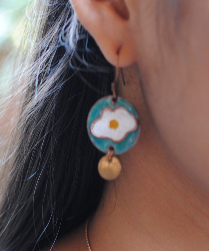 Green white handcrafted omelette motif copper enamel earring