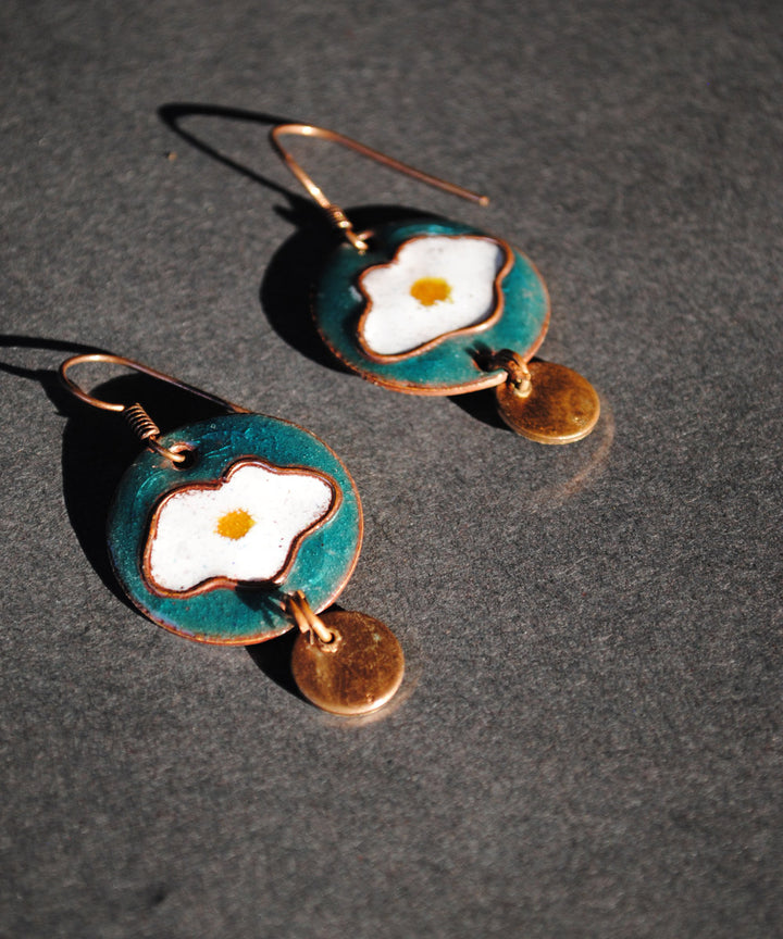 Green white handcrafted omelette motif copper enamel earring