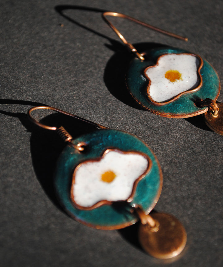 Green white handcrafted omelette motif copper enamel earring