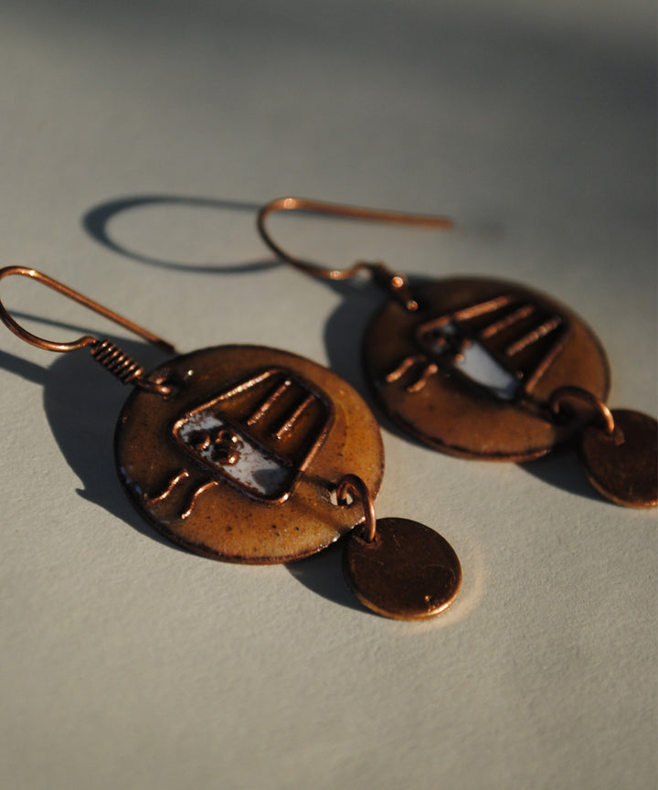 Golden white handcrafted tea motif copper enamel earring