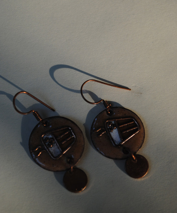 Golden white handcrafted tea motif copper enamel earring