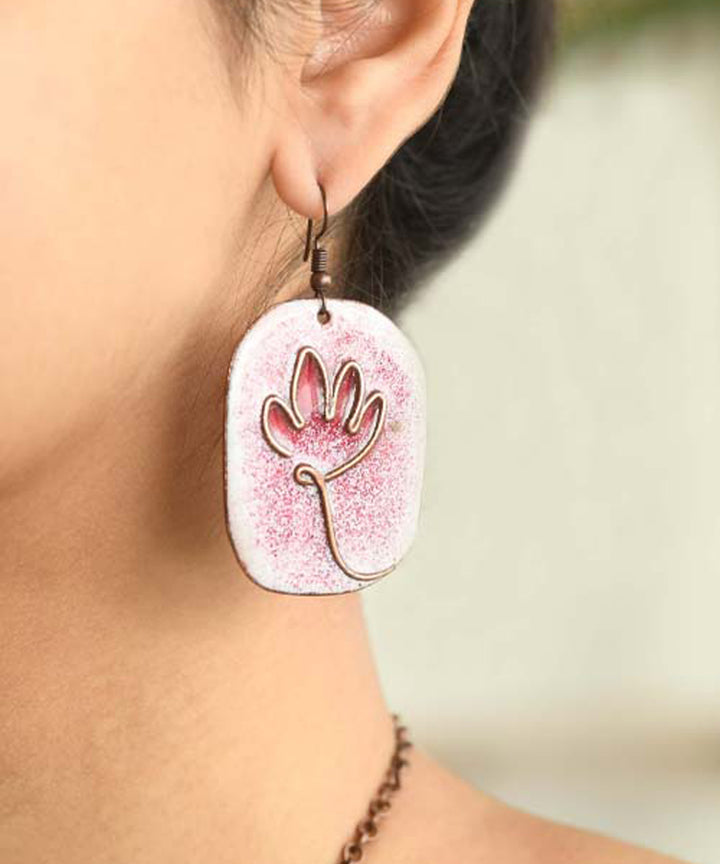 White pink handcrafted flower motif copper enamel earrings