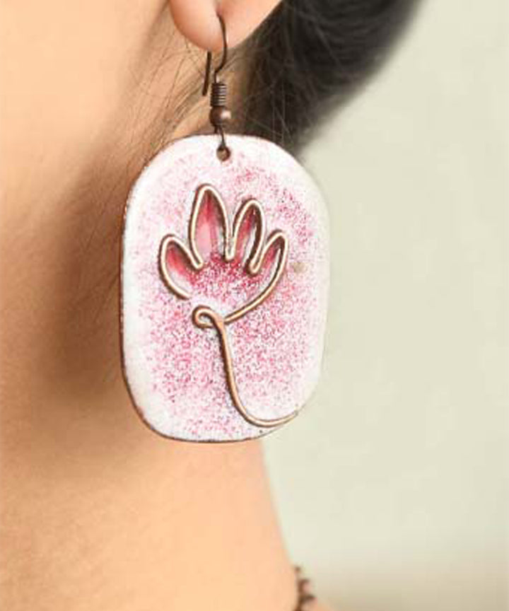 White pink handcrafted flower motif copper enamel earrings