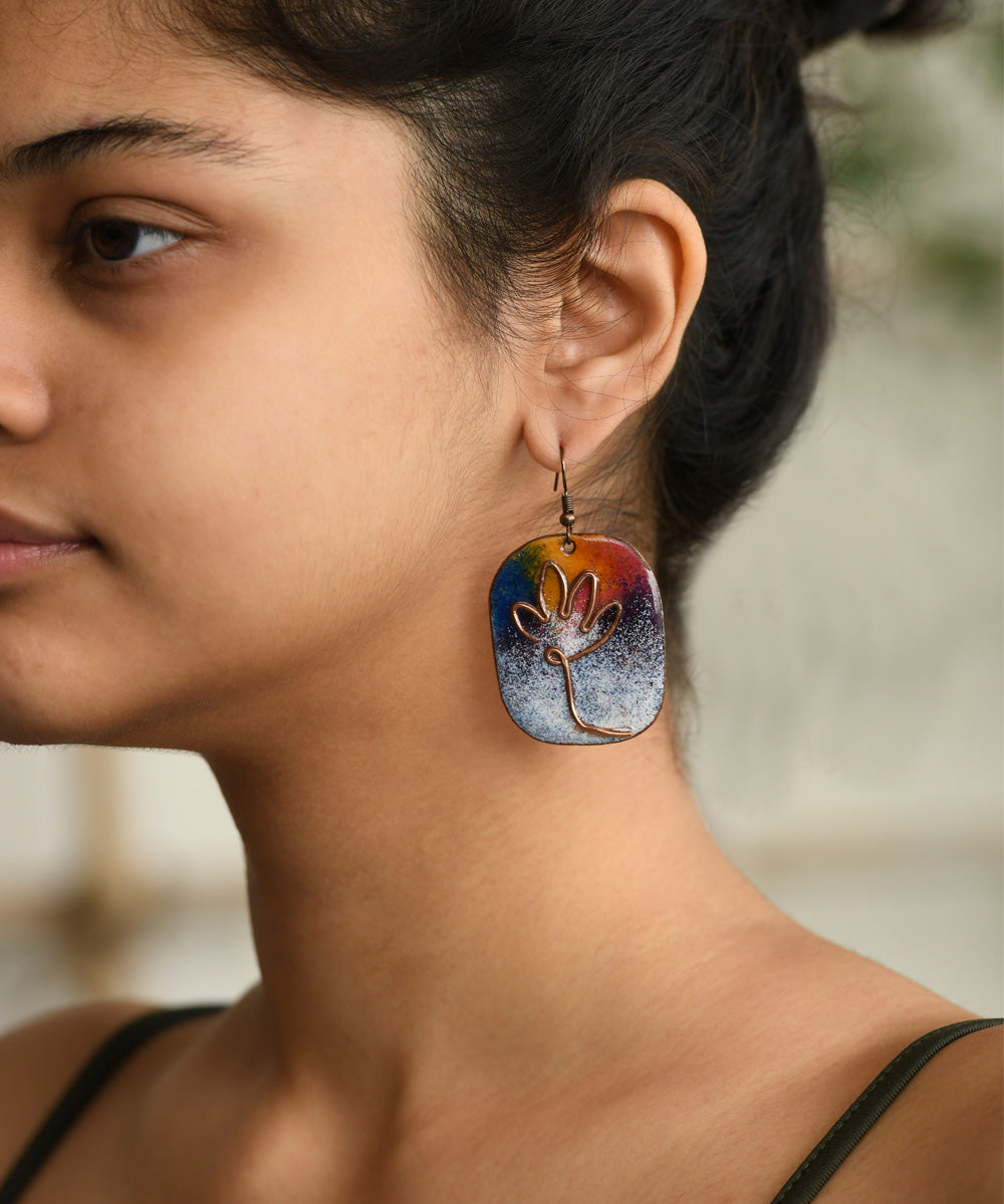 Multicolor handcrafted flower motif copper enamel earrings
