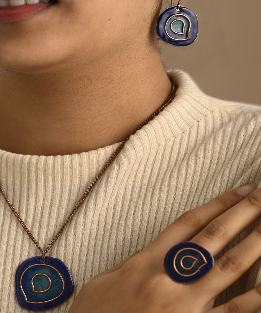 Blue handcrafted copper enamel jewellery set