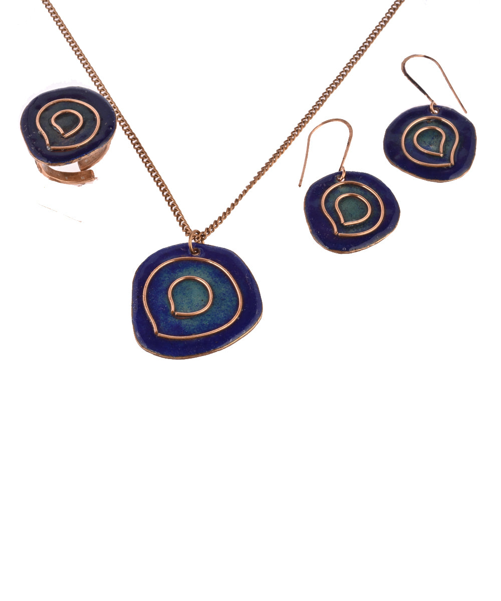 Blue handcrafted copper enamel jewellery set