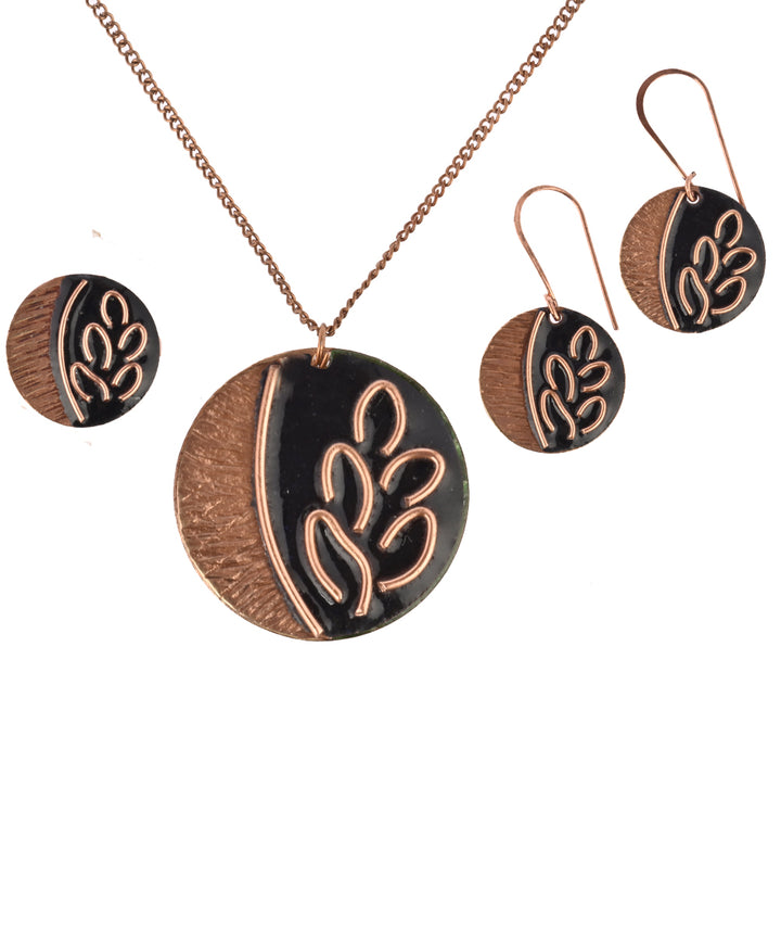 Black brown leaf handcrafted copper enamel jewellery set