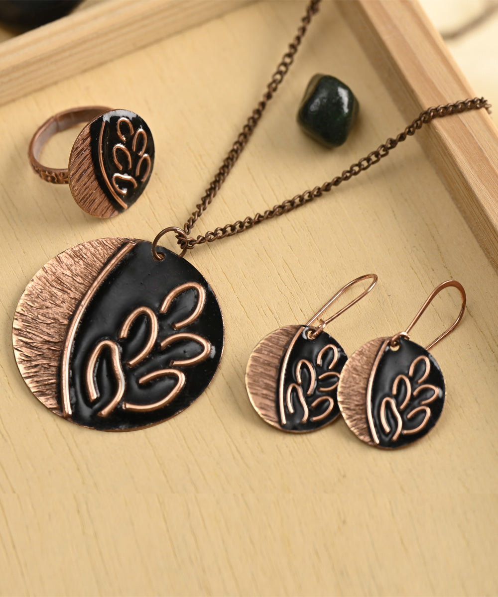 Black brown leaf handcrafted copper enamel jewellery set