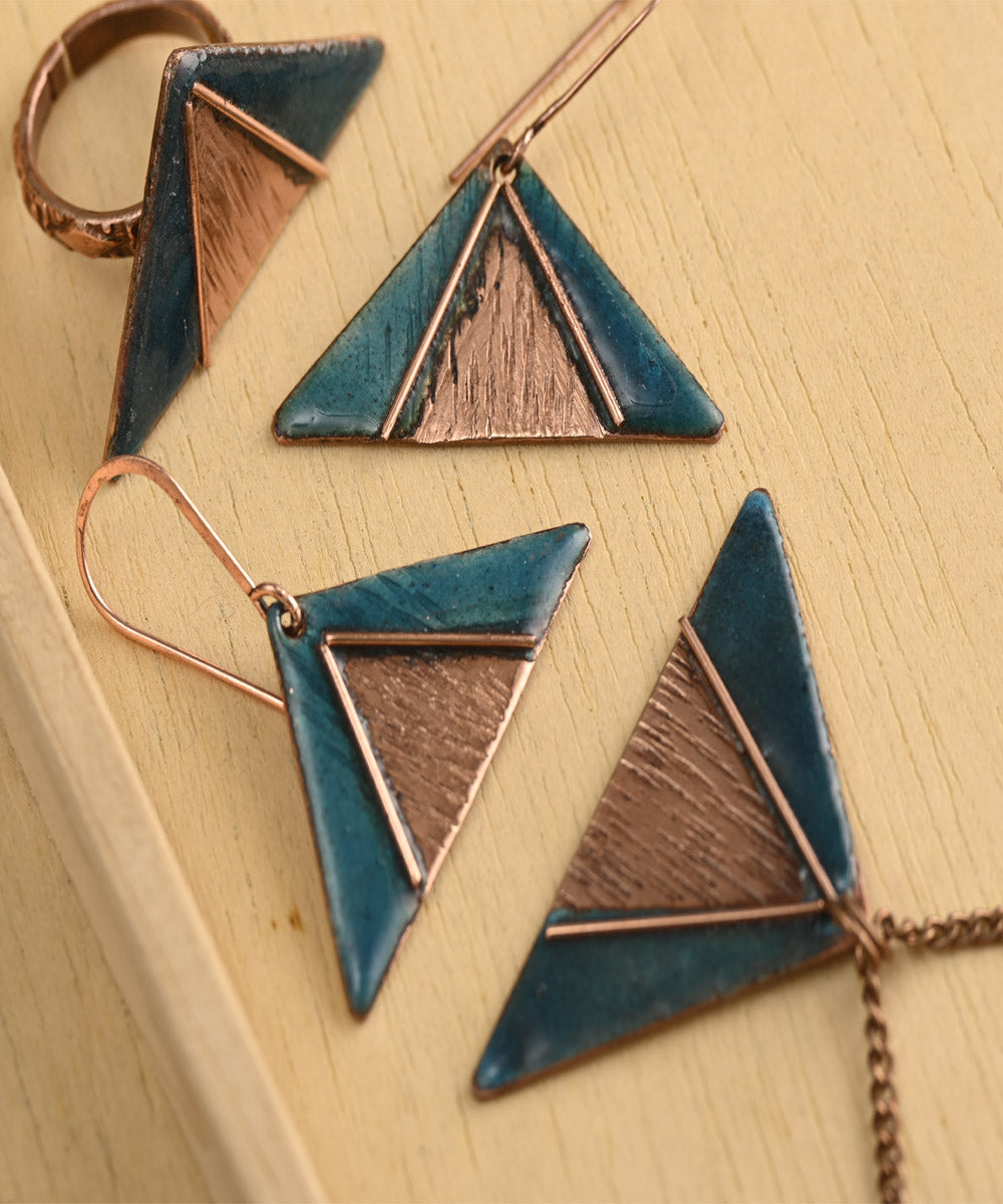 Blue triangle handcrafted copper enamel jewellery set