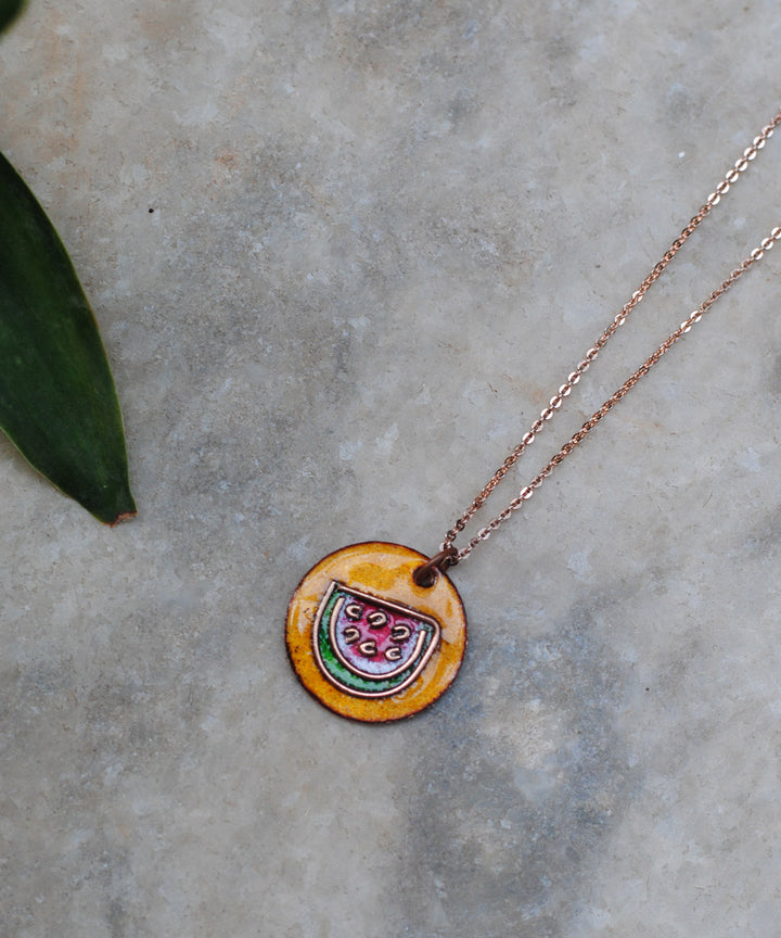 Yellow handcrafted watermelon motif copper enamel pendant necklace