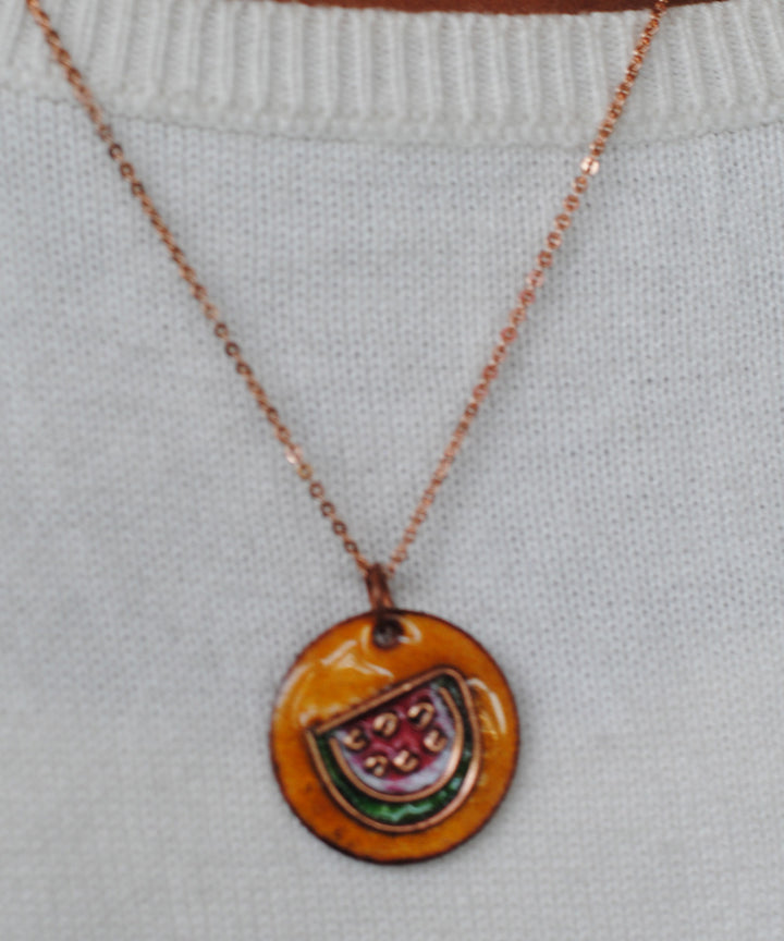 Yellow handcrafted watermelon motif copper enamel pendant necklace