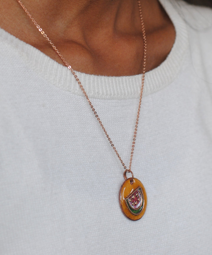 Yellow handcrafted watermelon motif copper enamel pendant necklace