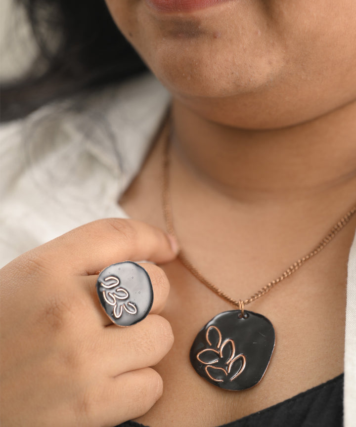 Black leaf hand crafted copper enamel ring