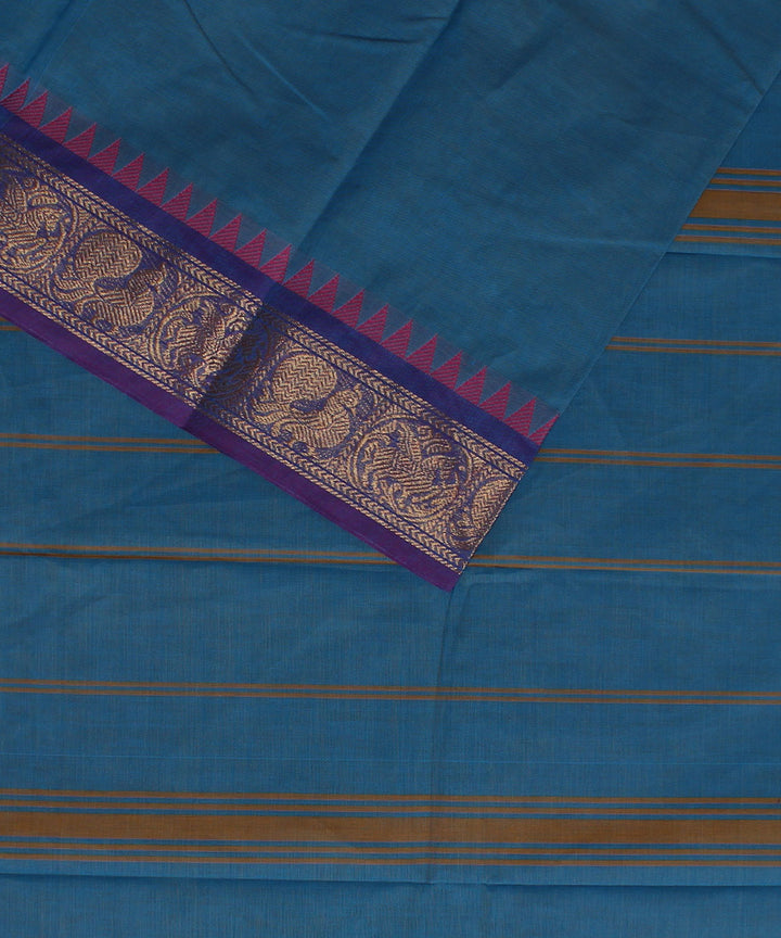 Cyan blue violet cotton handwoven chettinadu saree