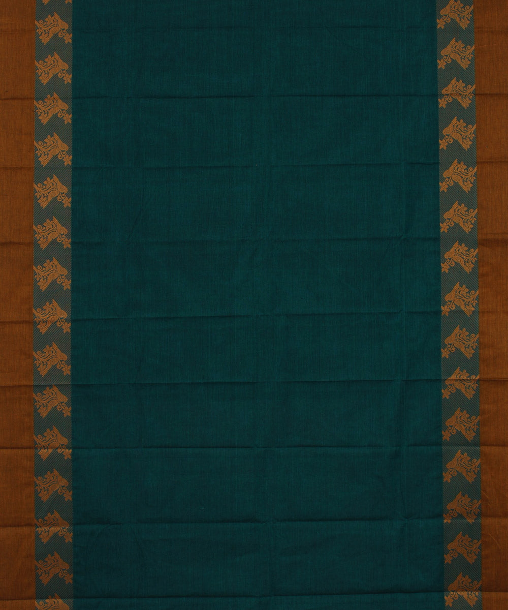 Teal green brown cotton handwoven chettinadu saree