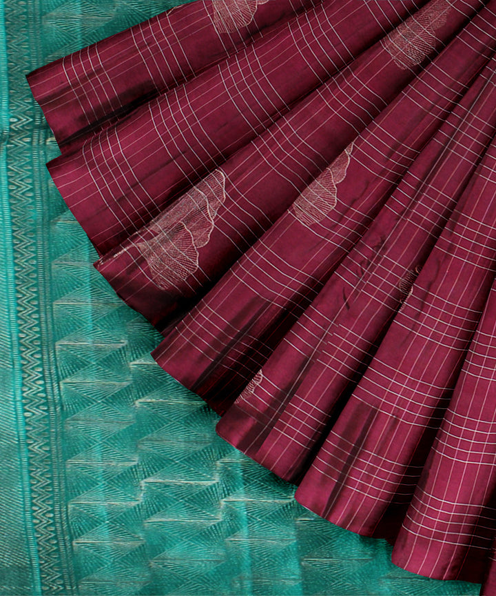 Cyan green red checks body leaves handwoven kancheepuram silk saree