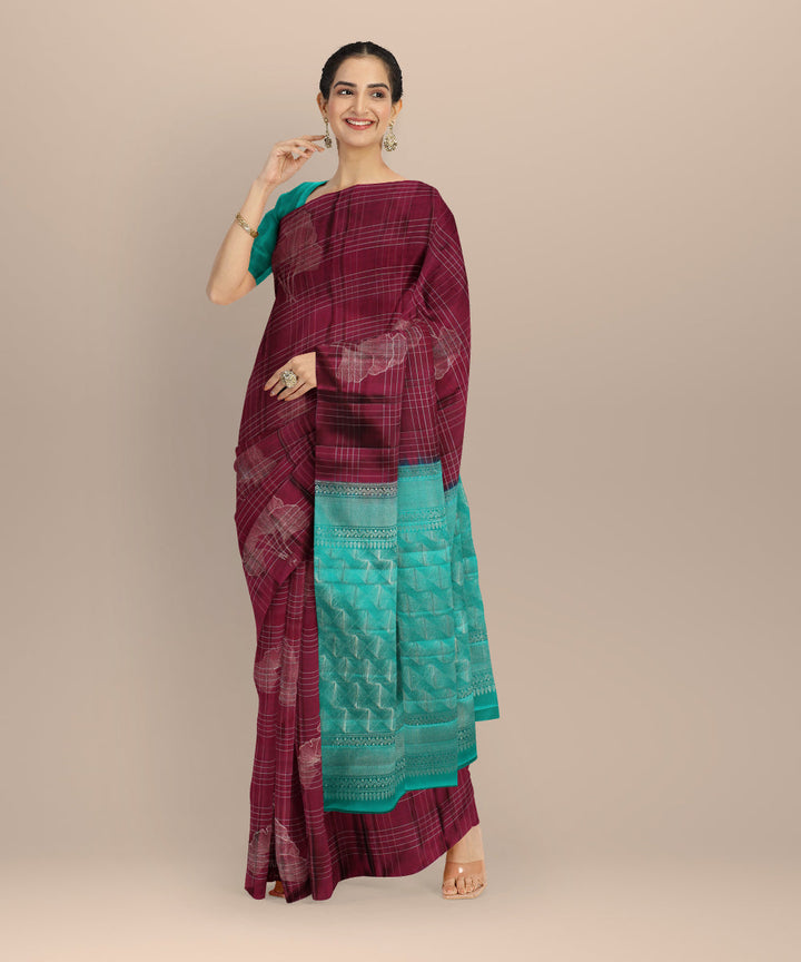 Cyan green red checks body leaves handwoven kancheepuram silk saree