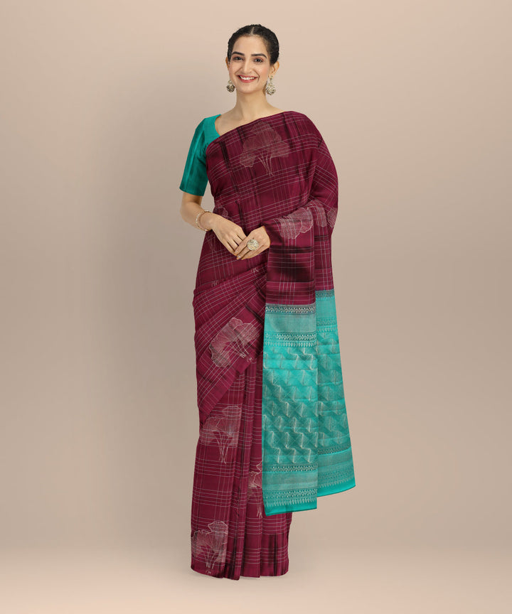 Cyan green red checks body leaves handwoven kancheepuram silk saree