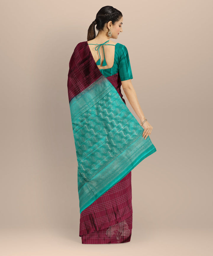 Cyan green red checks body leaves handwoven kancheepuram silk saree