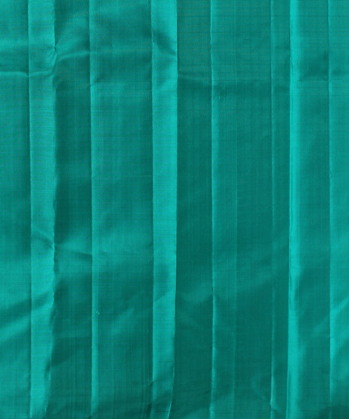 Cyan green red checks body leaves handwoven kancheepuram silk saree