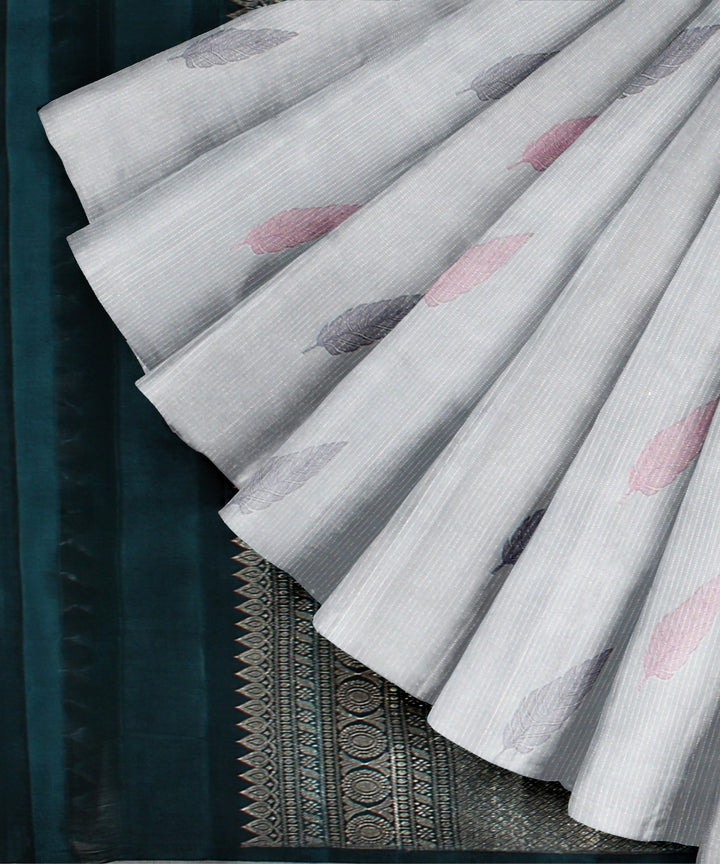 Cyan green red meenakari leaf butta handwoven kancheepuram silk saree