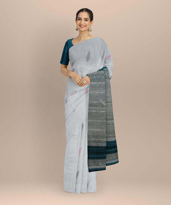 Cyan green red meenakari leaf butta handwoven kancheepuram silk saree