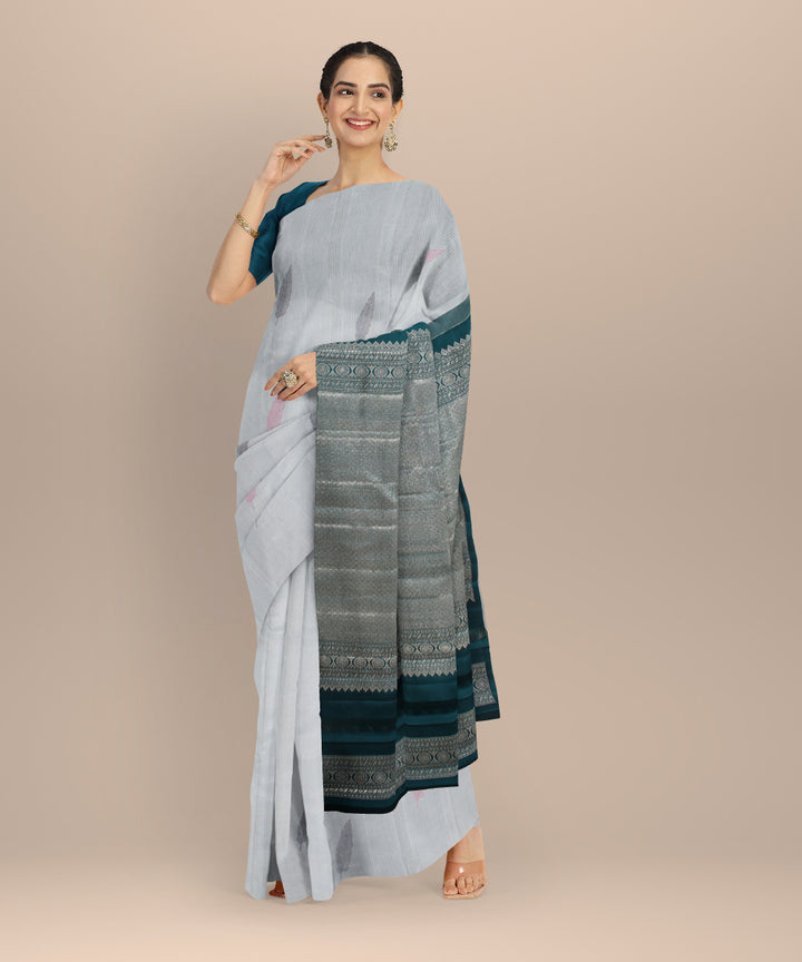 Cyan green red meenakari leaf butta handwoven kancheepuram silk saree