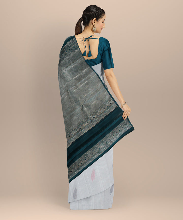 Cyan green red meenakari leaf butta handwoven kancheepuram silk saree