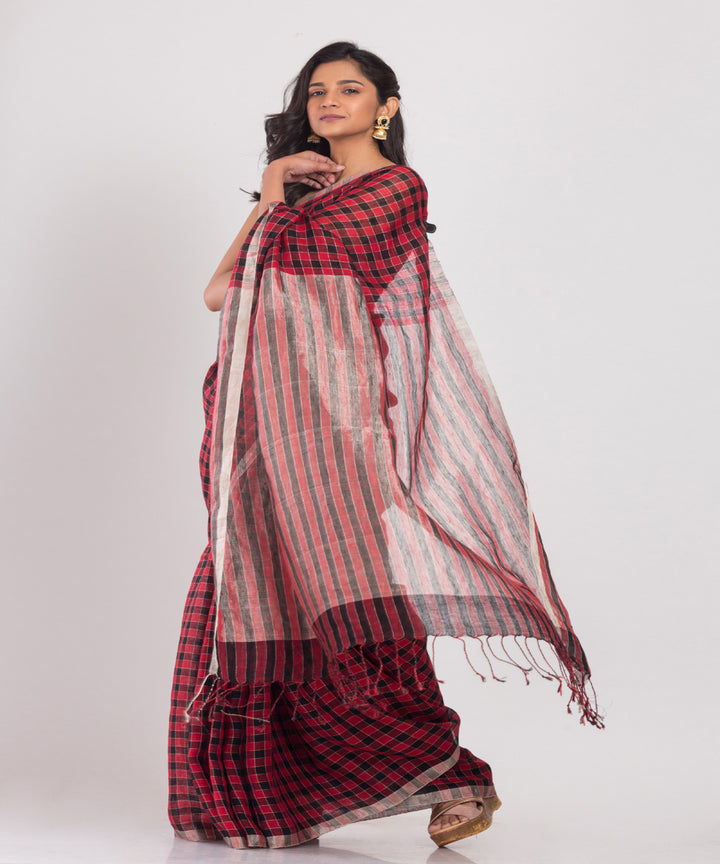 Red black checks handwoven linen sari