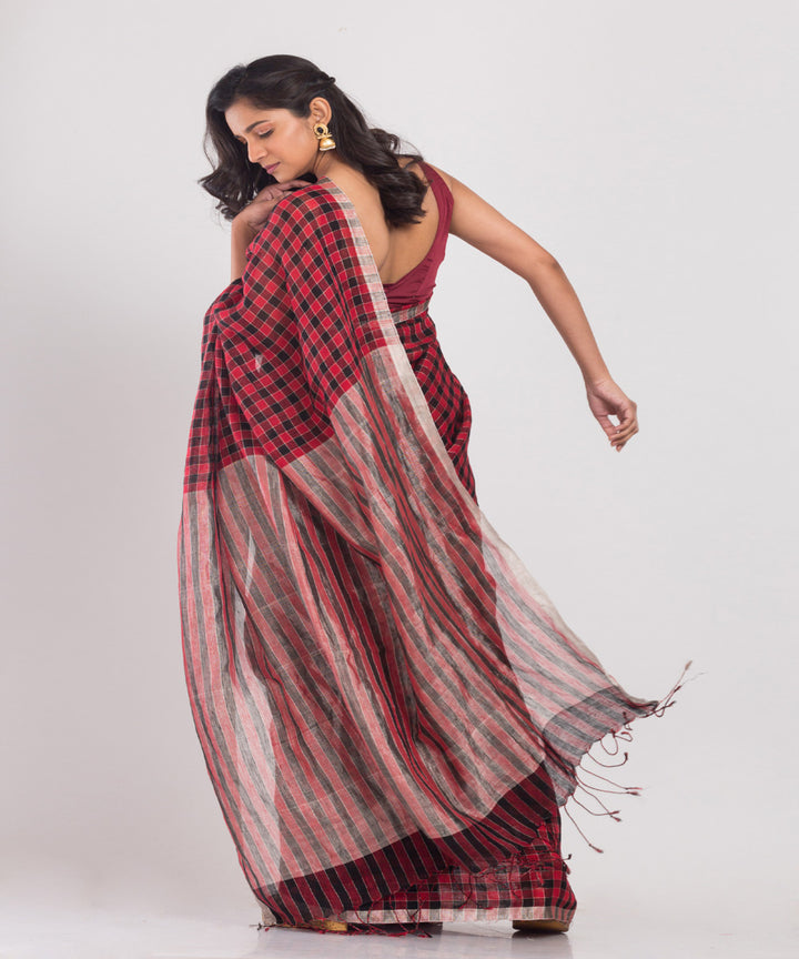 Red black checks handwoven linen sari