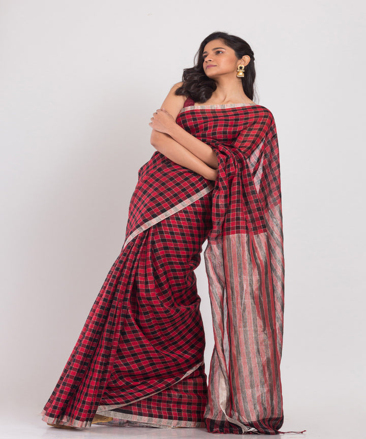 Red black checks handwoven linen sari