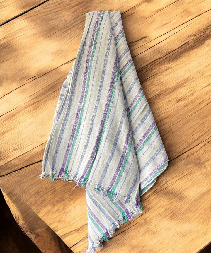 White multicolor stripe handspun handwoven cotton bath towel