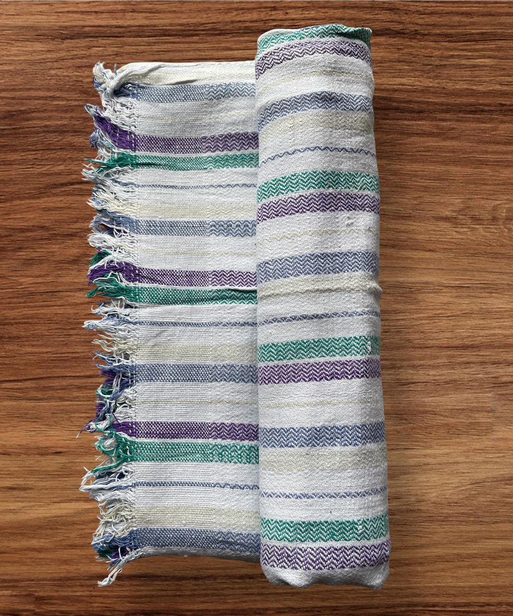 White multicolor stripe handspun handwoven cotton bath towel