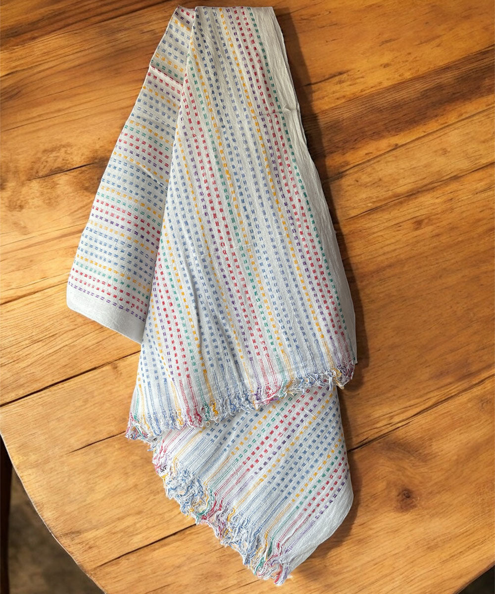 White multicolor handspun handwoven cotton bath towel