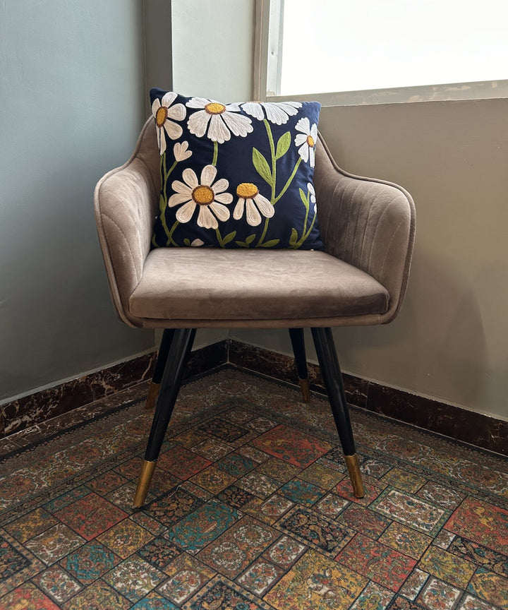 Navy blue white hand printed silk velvet cushion cover