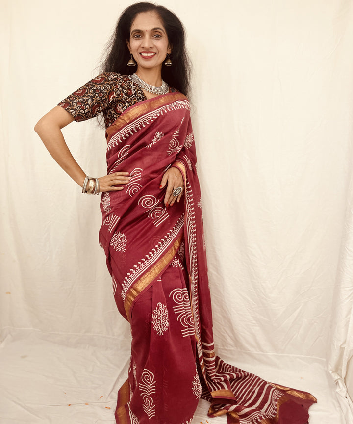 Onion pink hand block bagru print sico maheswari saree