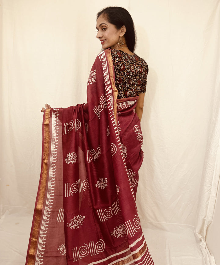 Onion pink hand block bagru print sico maheswari saree