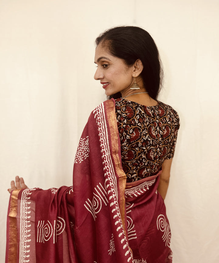 Onion pink hand block bagru print sico maheswari saree