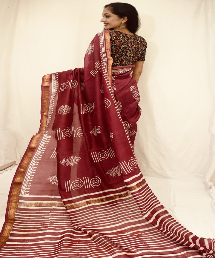 Onion pink hand block bagru print sico maheswari saree