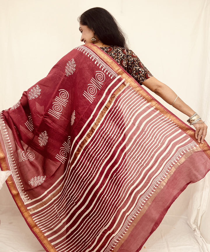 Onion pink hand block bagru print sico maheswari saree