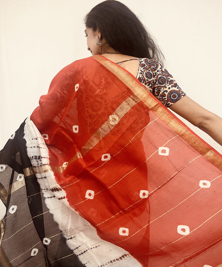 Red black hand block bandhani print maheswari sico saree