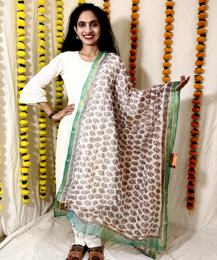 Offwhite sea green hand block printed kota doriya dupatta