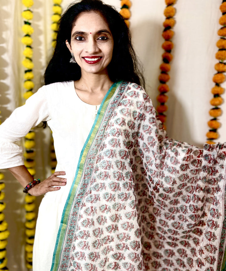 Offwhite sea green hand block printed kota doriya dupatta