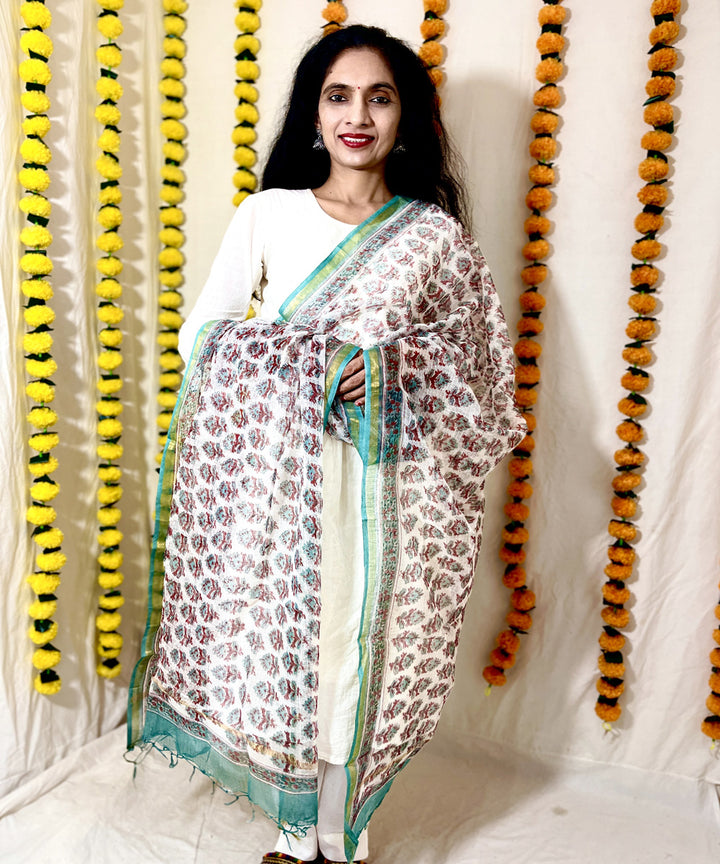 Offwhite sea green hand block printed kota doriya dupatta