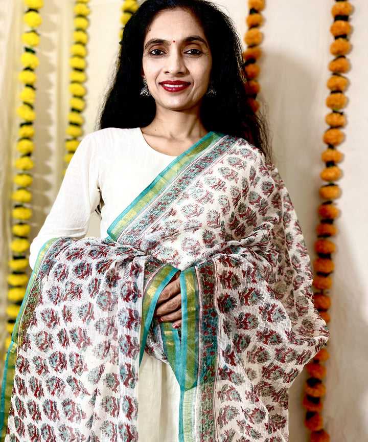 Offwhite sea green hand block printed kota doriya dupatta