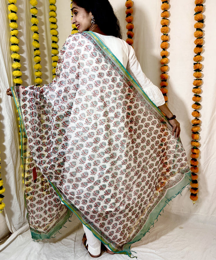 Offwhite sea green hand block printed kota doriya dupatta