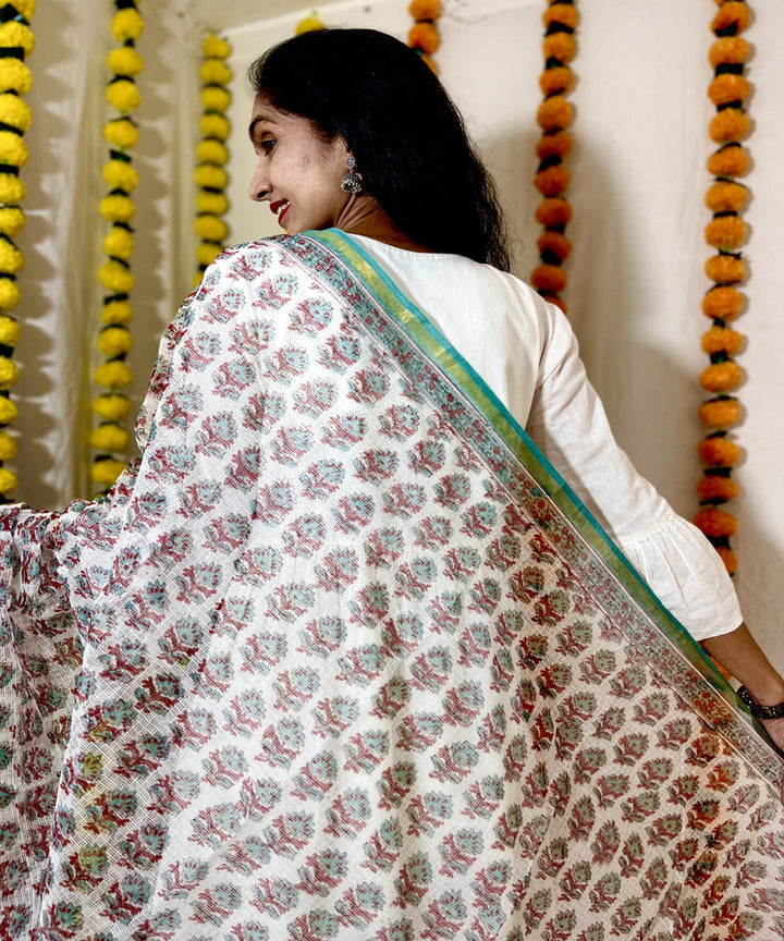 Offwhite sea green hand block printed kota doriya dupatta
