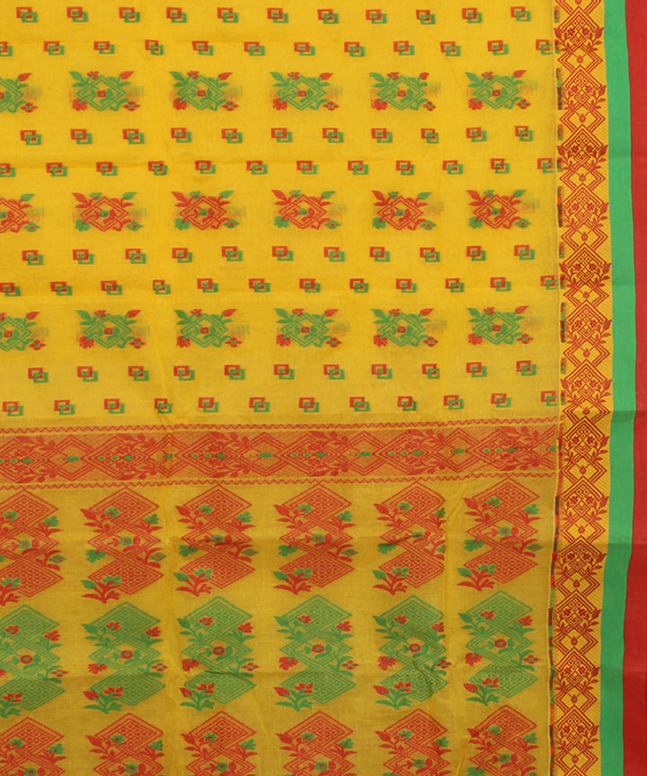 Yellow red green cotton handloom bengal tangail saree